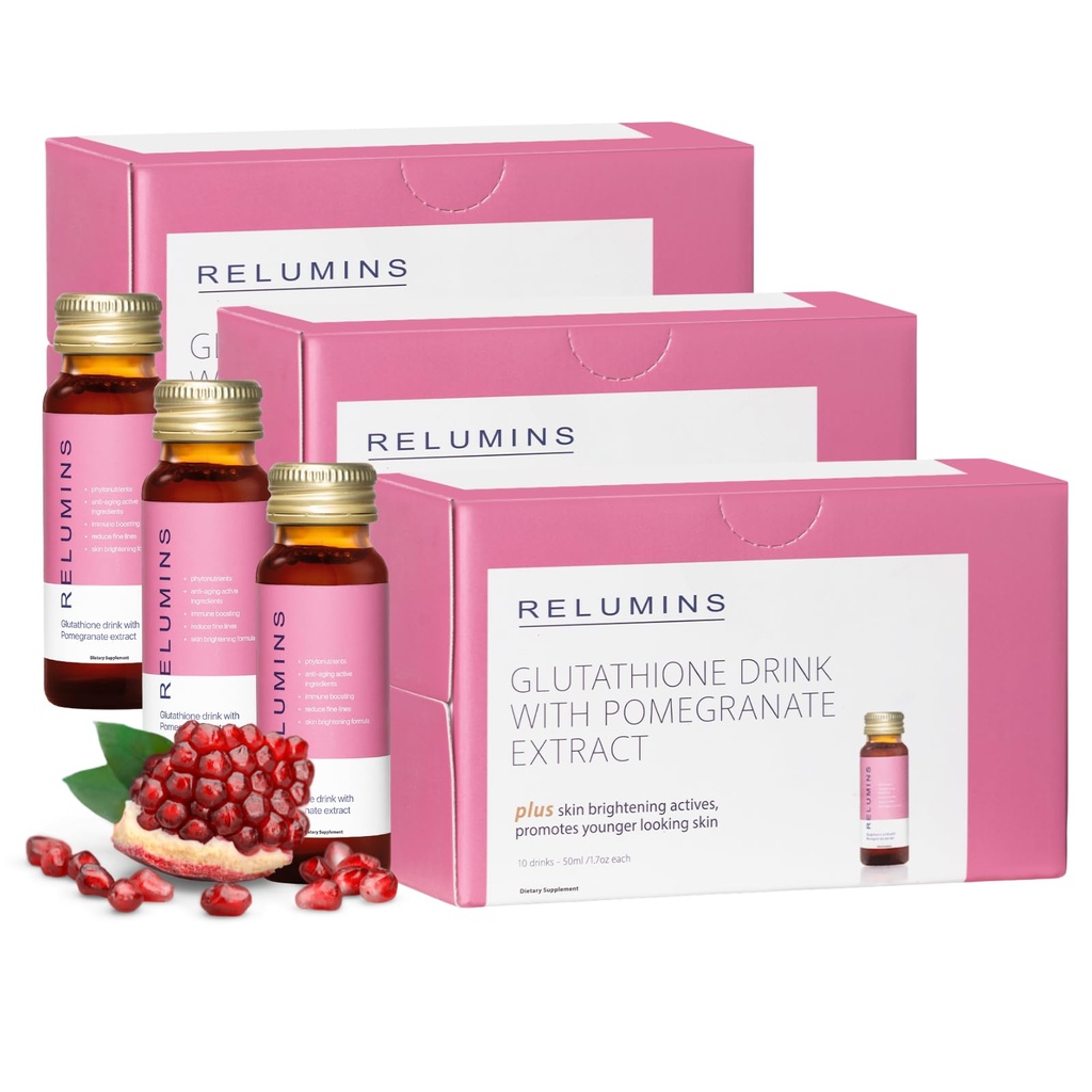 Relumins Glutathion Hydration Shots - Μετά το Καλοκαίρι Ανάκτηση δέρματος & Ψυχρός Καιρός Ενυδάτωση - Κολαγόνο-Boosting & Made in USA - Ρόδι Γεύση – 30 Μπουκάλια x 50 ml