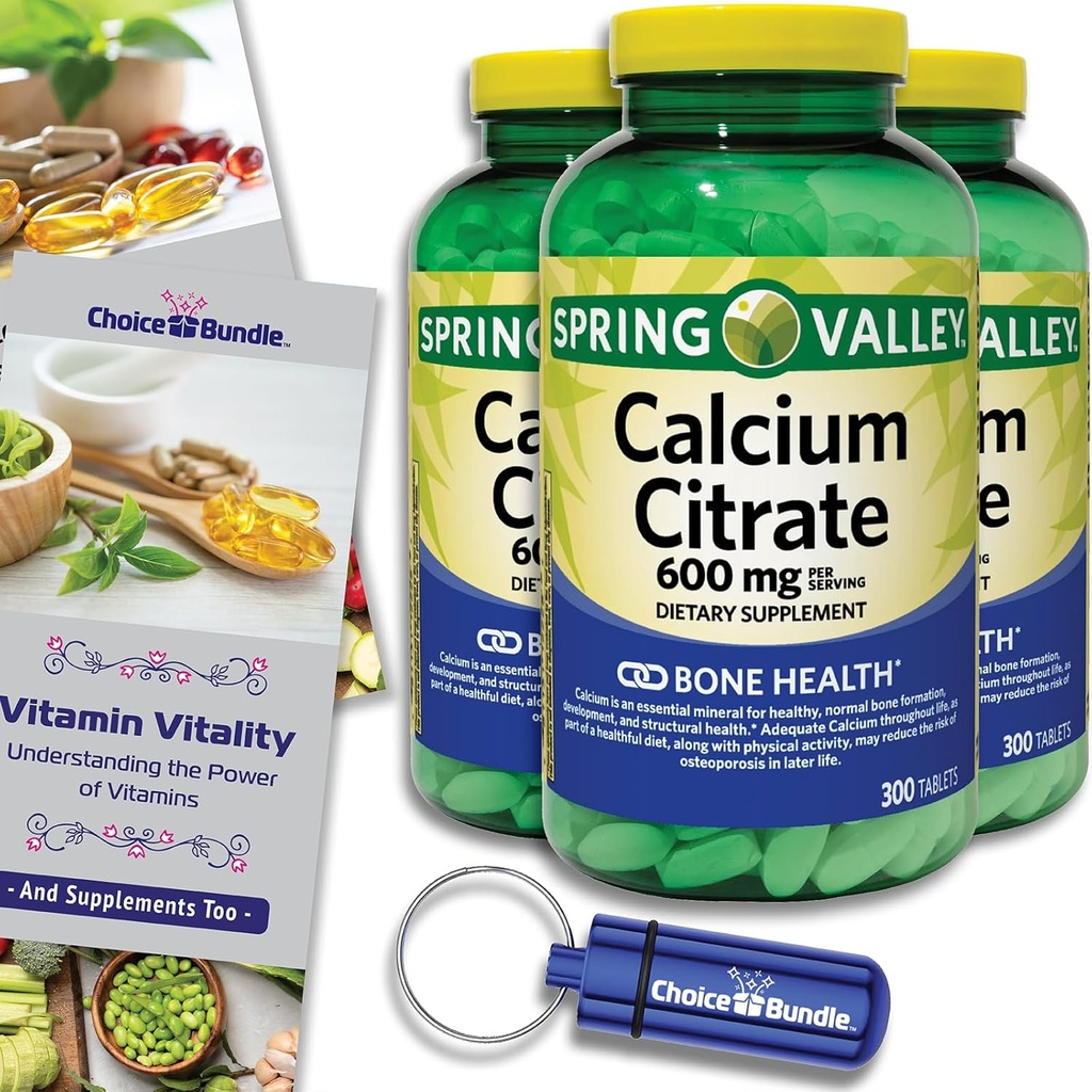 Spring Valley Calcium Citrate Tablets Συμπλήρωμα διατροφής 600 mg 300 ct 3 pk Choice Bundle (900 Total) + Vitamin Guide & Pill Container (5 Προϊόντα)!