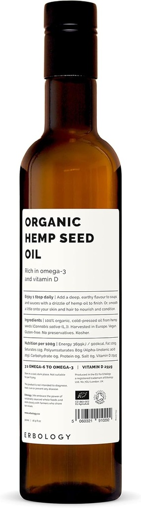 Erbology Organic Hemp Seed Oil 17 fl oz - Ψυχρό-Pressed - Πλούσιο σε Omega-3 - Πηγή βιταμίνης D - Κατευθείαν από τη φάρμα - Μη-GMO - Δεν Πρόσθετα ή Συντηρητικά - Ανακυκλώσιμο γυάλινο μπουκάλι