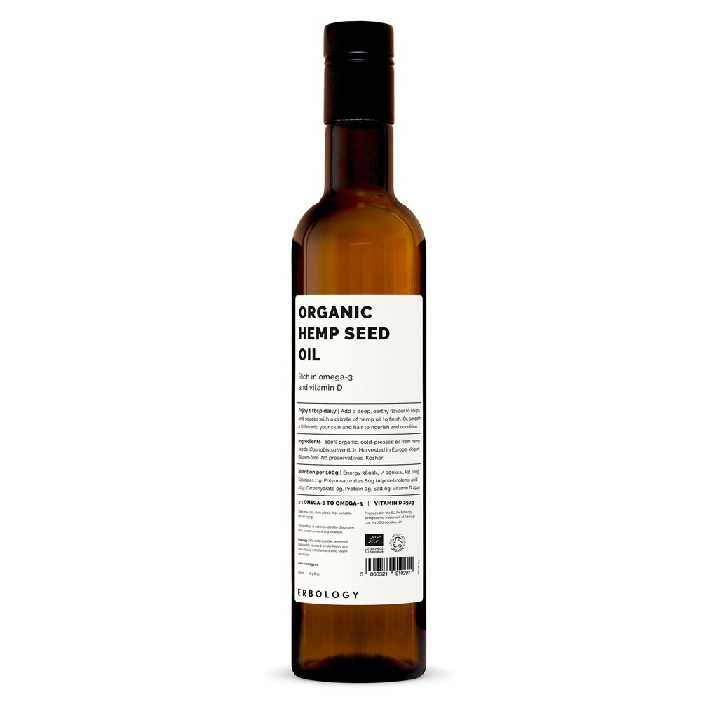 Erbology Organic Hemp Seed Oil 17 fl oz - Cold-Pressed - Rich in Omega-3 - Source of Vitamin D - Straight from Farm - Non-GMO - No Additives or Preservatives - Recyclable Glass Bottle