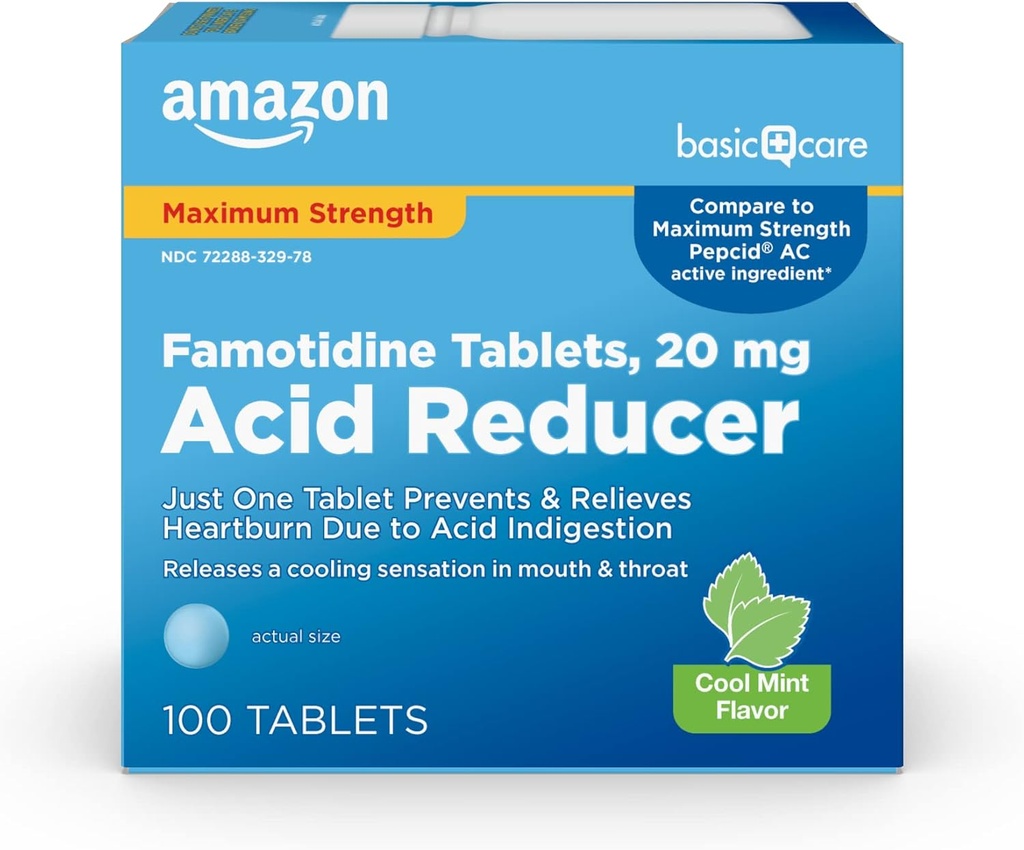   Basic Care Famotidine 20mg Cool Mint Tablets, 100 Count, White