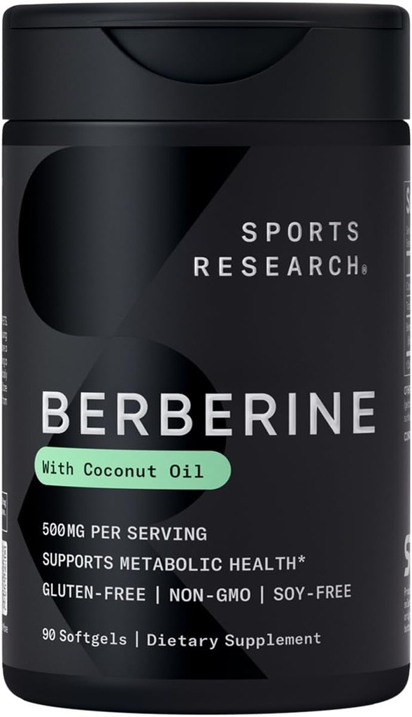 Sports Research Berberine Supplement with Coconut Oil - Herbal & Ayurvedic Μεταβολική Υγεία Υποστήριξη - Βερβερίνη 500mg, 90 Softgels - Χωρίς γλουτένη, Μη ΓΤΟ Βερβερίνη σε σκόνη
