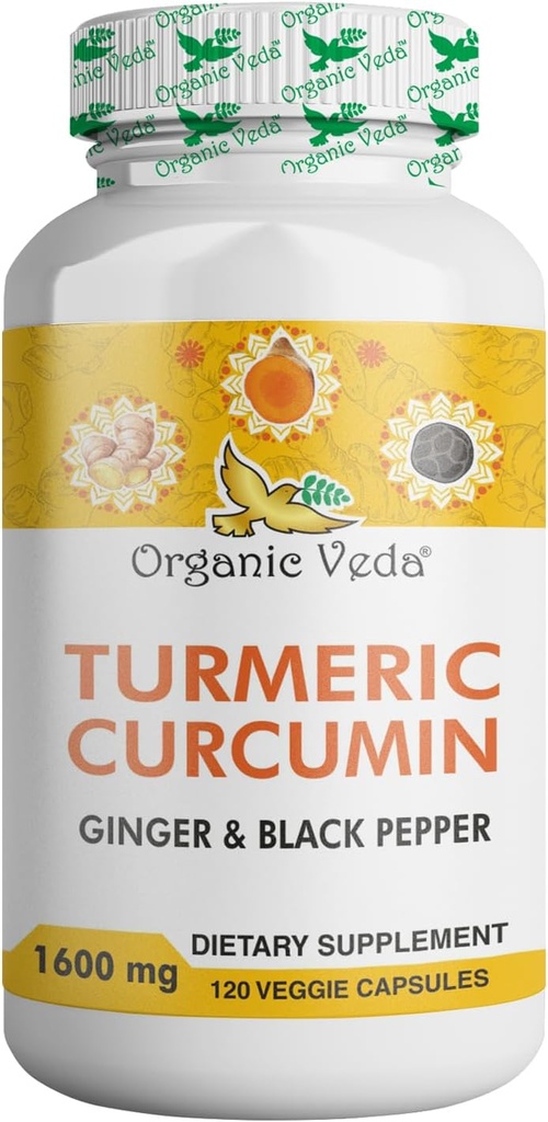 Organic Veda Turmeric and Ginger Caps 120 Pills - Βιολογική Κουρκουμίνη Κουρκουμίνης με Μαύρο Πιπέρι για Κοινή Υποστήριξη - Μη ΓΤΟ, Χωρίς Γλουτένη, Turmeric και Ginger Συμπλήρωμα (95% κουρκουμινοειδή)