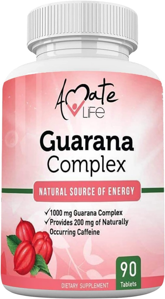 Amate Life Guarana Complex - Guarana Complex Energizer - Caffeine Energizing Supplement - Πηγή Ενέργειας - Αυξάνοντας τις λειτουργίες του μυαλού συμπλήρωμα - 1000mg Guarana - 90 δισκία