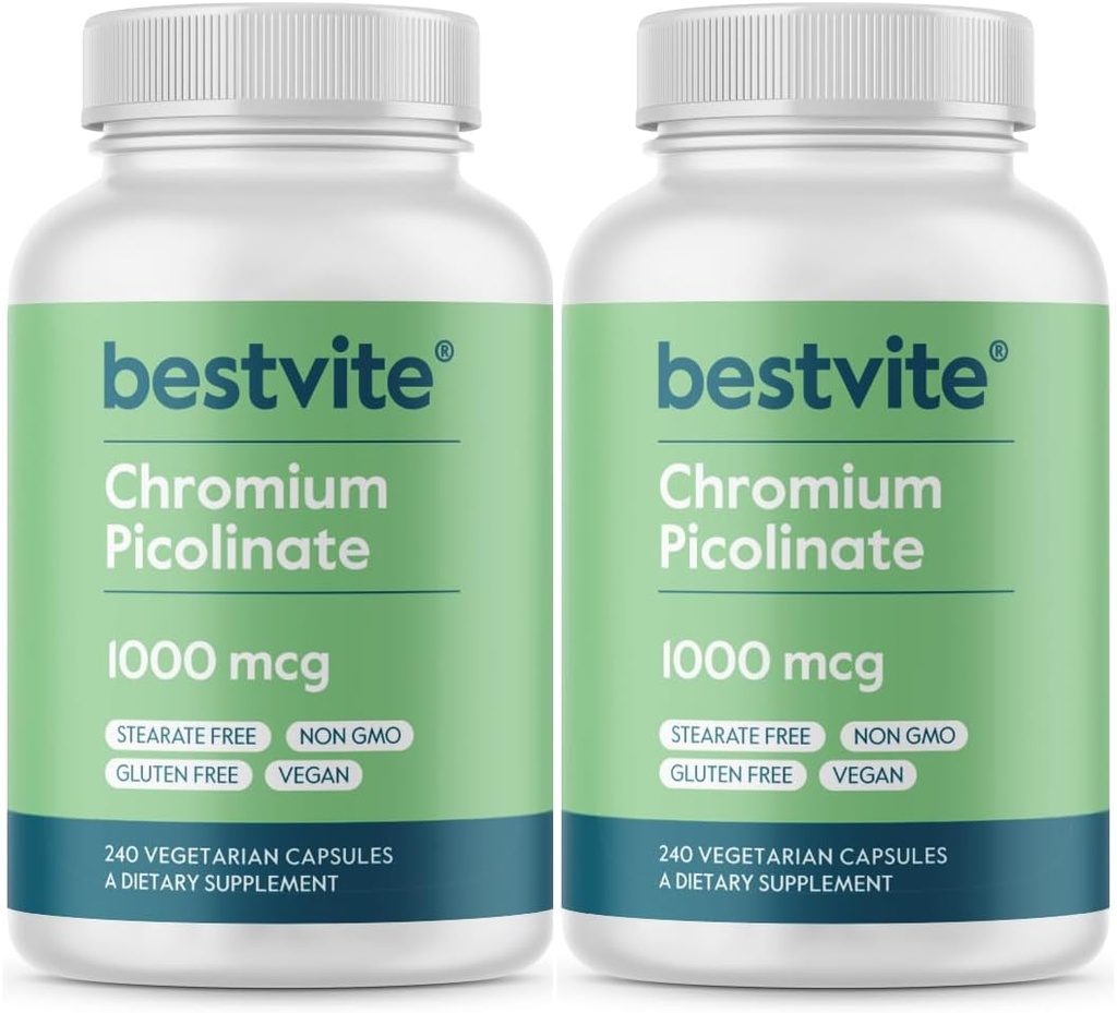 BESTVITE Picolinate χρώμιο 1000mcg (480 κάψουλες χορτοφαγικής) (240 x 2) - Χωρίς Stearates - Όχι Φωσφορικό ασβέστιο - Vegan - Χωρίς γλουτένη - Μη ΓΤΟ