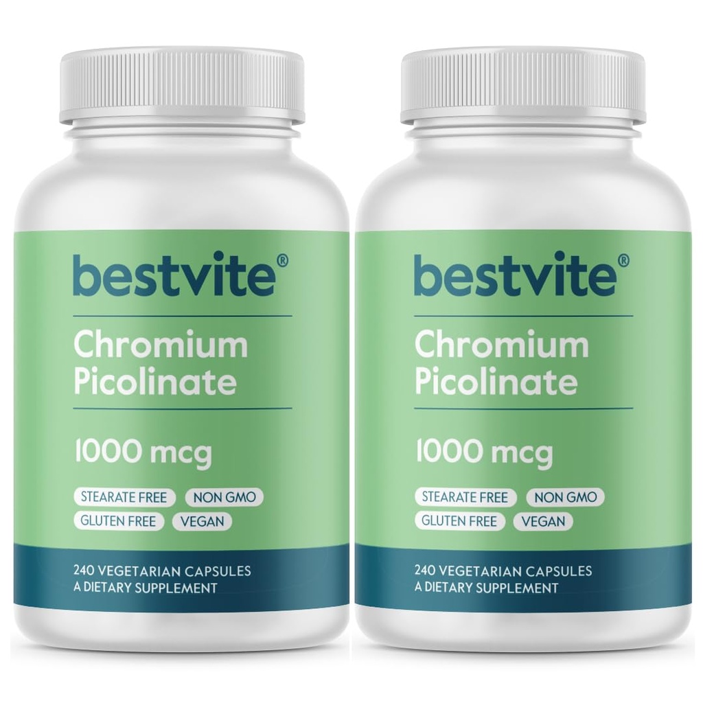 BESTVITE Picolinate χρώμιο 1000mcg (480 κάψουλες χορτοφαγικής) (240 x 2) - Χωρίς Stearates - Όχι Φωσφορικό ασβέστιο - Vegan - Χωρίς γλουτένη - Μη ΓΤΟ