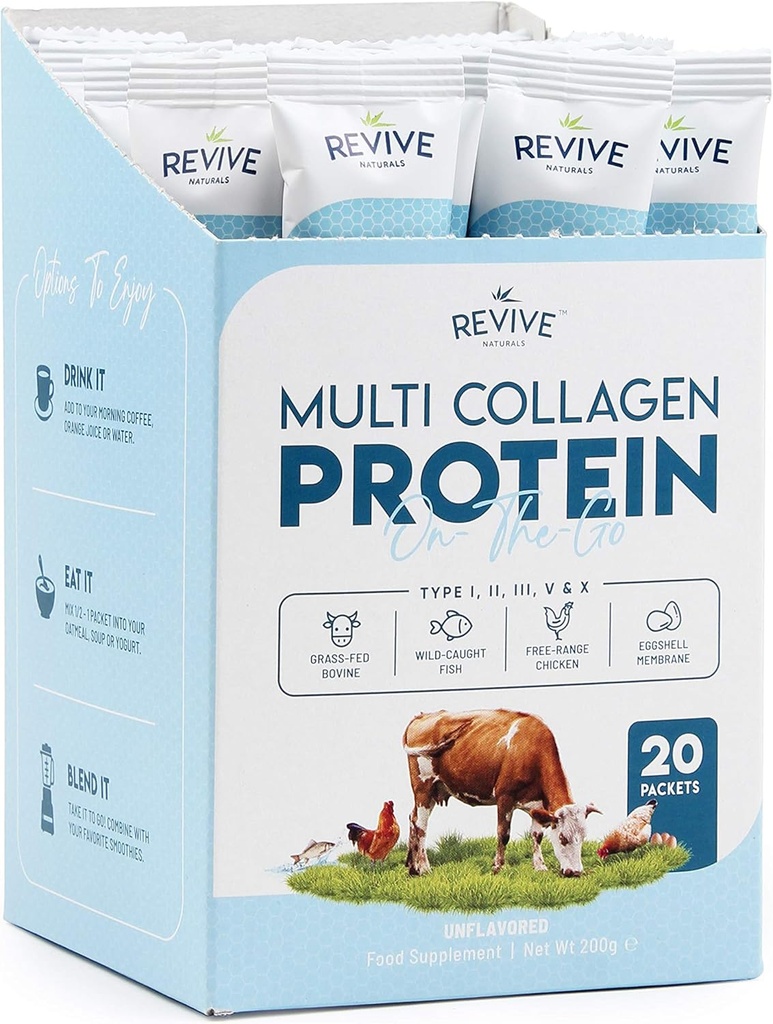 Multi Collagen Protein Powder Packets - Τύποι I, II, III, V & X - Hydrolyzed Grass Fed Bovine, Wild Capt Fish, & Free-Range Chicken & Eggshell Collagen. Μη ΓΤΟ, Χαλάλ, (10g κάθε, 20 πακέτα)