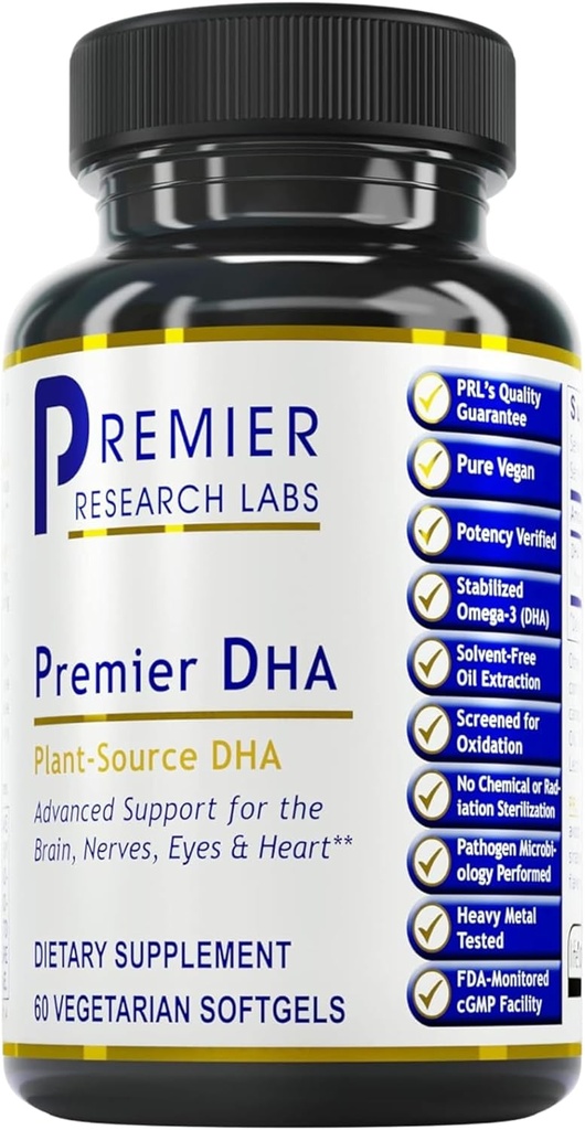 Premier Research Labs Premier DHA - Vegan DHA με Ωμέγα 3 Λιπαρά Οξέα, Algae Based DHA for Women & Men, Natural DHA Supplement Κατάλληλο για Vegans- 60 κάψουλες χορτοφαγικού Softgel
