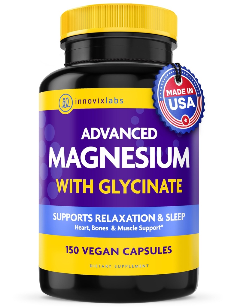 InnovixLabs Advanced Magnesium Capses - 150 Ct, 210 mg - Χηλικό Γλυκινικό και Μηλεϊνό - Υψηλή Απορρόφηση, Προάγει την Χαλάρωση, Οστά, Μυική Υγεία, Vegan Malate Συμπλήρωμα Ύπνου