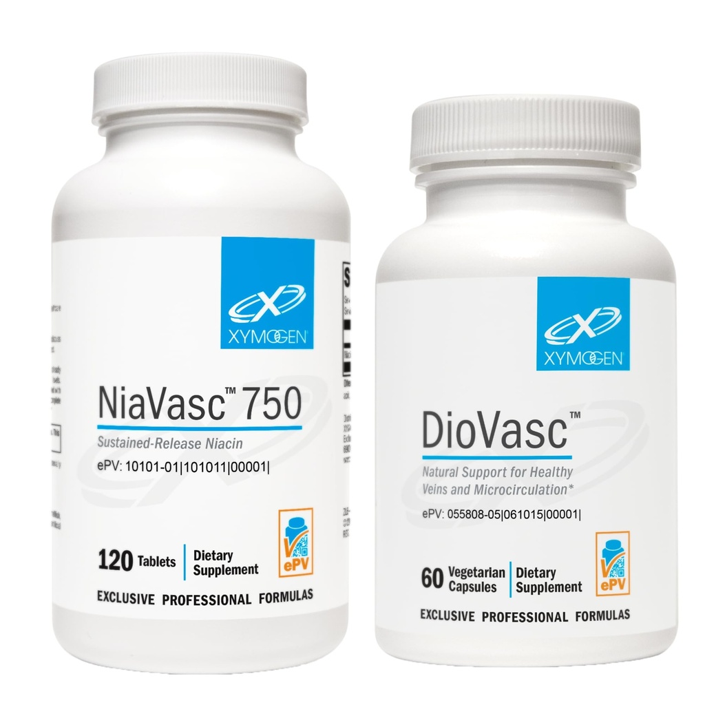XYMOGEN NiaVasc 750 Παρατεταμένη απελευθέρωση Νιασίνη (120 δισκία) + DioVasc Υποστήριξη για Υγιείς Βδέλες + Μικροκυκλοφορία (60 κάψουλες)