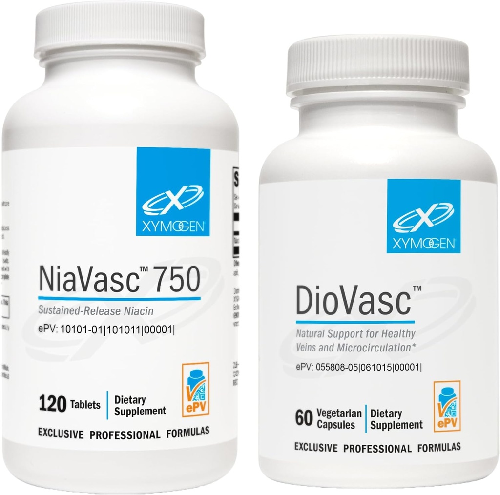 XYMOGEN NiaVasc 750 Sustained Release Niacin (120 Tablets) + DioVasc Support for Healthy Veins + Micocirculation (60 Capsules)