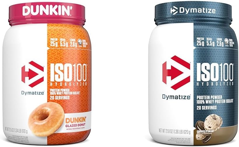 Dymatize ISO100 Hydrolyzed Protein Powder, 100% Whey Isolate, Dunkin' Glazed Donut Flavor, 20 μερίδες & ISO100 Hydrolyzed Protein Powder, 100% Whey Isolate Protein, 25g πρωτεΐνης, 5.5g BCAAs