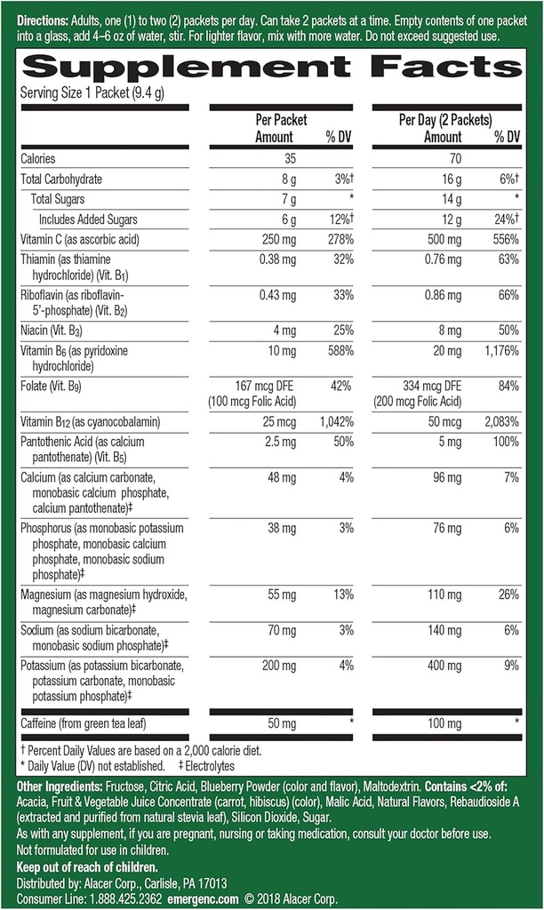 Emergen-C Energy+, Με Βιταμίνες Β, Βιταμίνη C και Φυσική καφεΐνη Από Πράσινο Τσάι (Blueberry Acai Flavor) Συμπλήρωμα διατροφής Drink Mix, 0,33 Ουγγιά Packets σκόνης (πακέτο των 18)