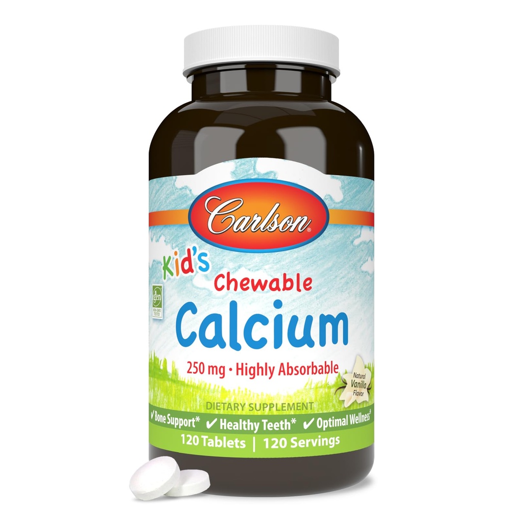 Carlson - Kid's Chewable Calcium, 250 mg, Υψηλή Απορροφώμενη, Οστών & Δόντια Υποστήριξη, Βέλτιστη Ευεξία, Φυσικό άρωμα βανίλιας, 120 δισκία
