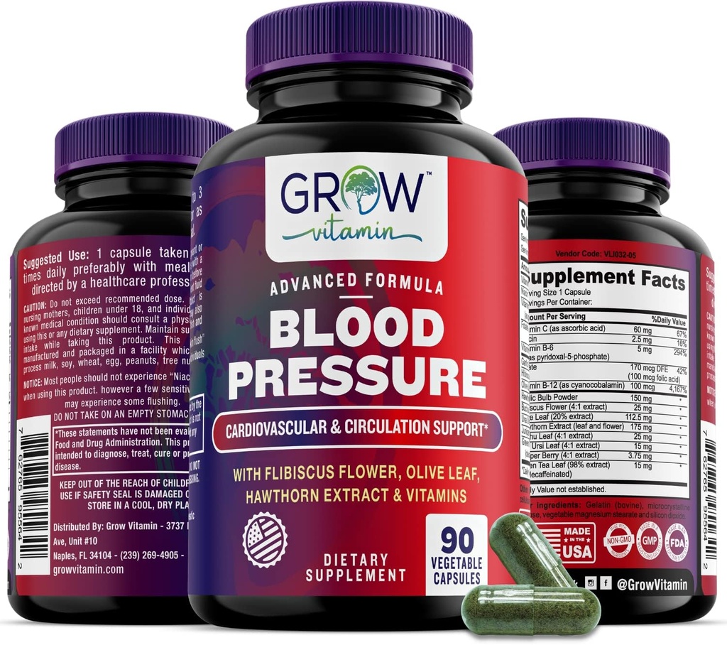 grow vitamin Blood Pressure Formula Support Supplement for Cardiovascular & Heart Health with Garlic, Hawthorn & Hibiscus - 90 Capsules