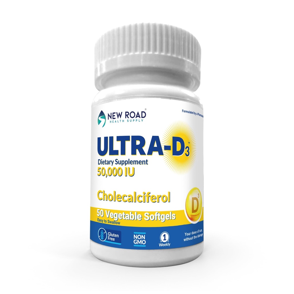 New Road Health Supply, Υψηλής ισχύος Βιταμίνη D3 50.000 IU, Μια φορά-Εβδομαδιαία Softgel, υποστηρίζει οστά, δόντια & ανοσοποιητική υγεία, εύκολο στο-Swallow, χωρίς γλουτένη, 50 Count