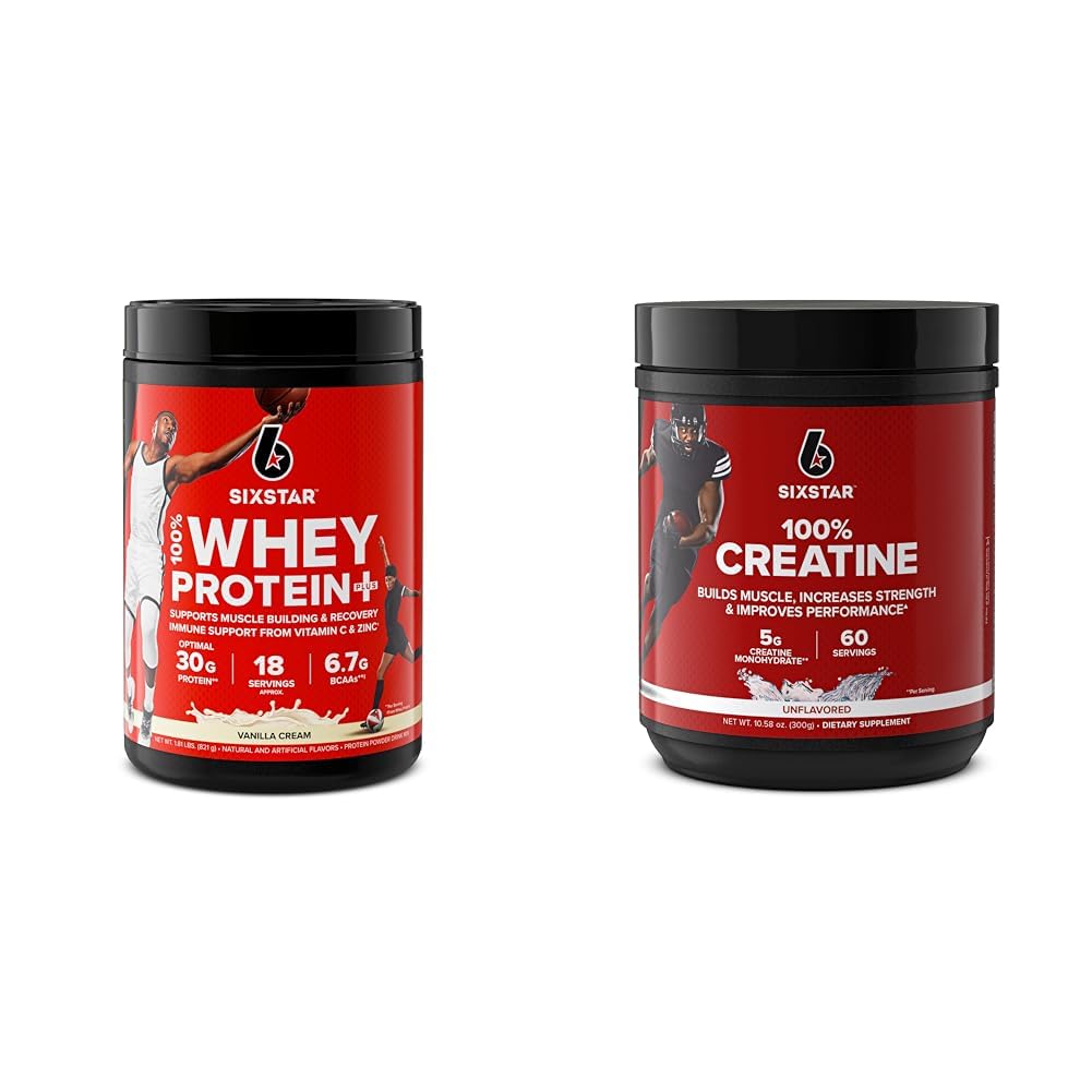 Six Star Whey Protein Plus & Creatine Monohydrate Powder Bundle 