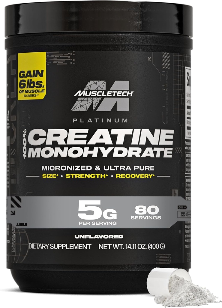 MuscleTech Creatine Monohydrate Powder, Platinum Pure - Unlavored Micronized Creatine for Men & Women - Συμπληρώματα προπόνησης για την απόδοση, την αποκατάσταση των μυών και Builder-(80 Services) Συσκευασία Μαΐου Vary