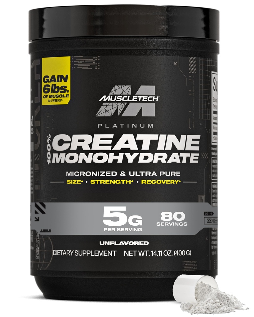 MuscleTech Creatine Monohydrate Powder, Platinum Pure - Unlavored Micronized Creatine for Men & Women - Συμπληρώματα προπόνησης για την απόδοση, την αποκατάσταση των μυών και Builder-(80 Services) Συσκευασία Μαΐου Vary
