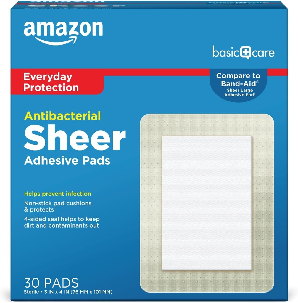 Basic Care Sheer Adhesive Pad Bandages, Extra Large Άνετο Μη-Stick Pad, Όλοι οι τύποι δέρματος, 30 κόμη (3x4 ίντσες)