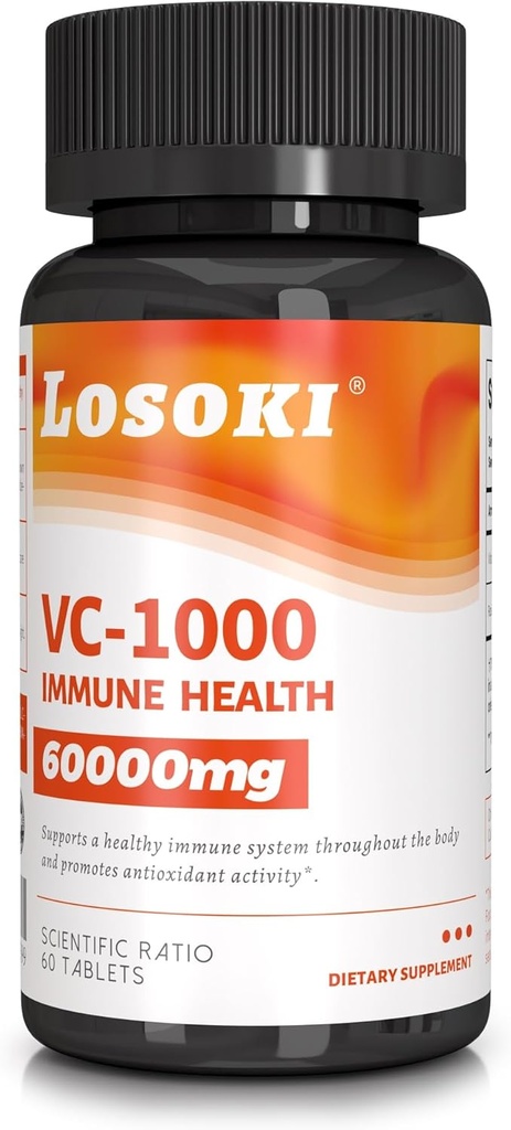 Losoki VC 1000 - Συμπληρώματα βιταμίνης C υψηλής περιεκτικότητας σε Dose για την Ανοσολογική Υποστήριξη & Αντιοξειδωτική Προστασία - Φόρμουλα με Rose HIPS σε σκόνη - 60 Tablet