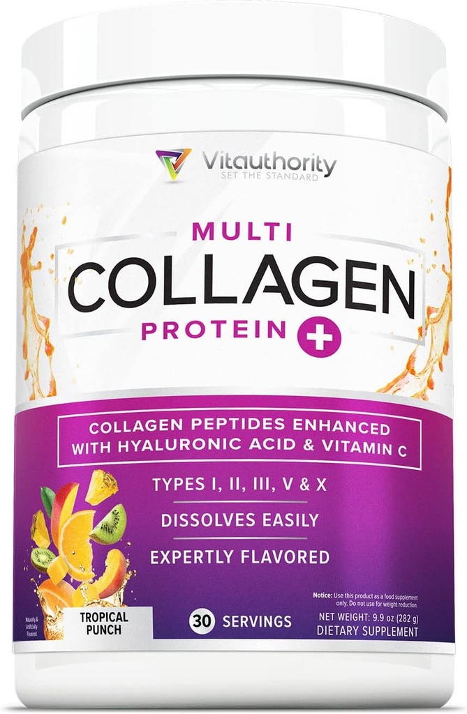 Multi Collagen Peptides Σκόνη για γυναίκες - Hydrolyzed Flavored Collagen Powder for Women with Types I II III V & X Vitamin C & Hyaluronic Acid for Hair Skin and Nails (Tropical Punch) - 30 Σερβιρίσματα