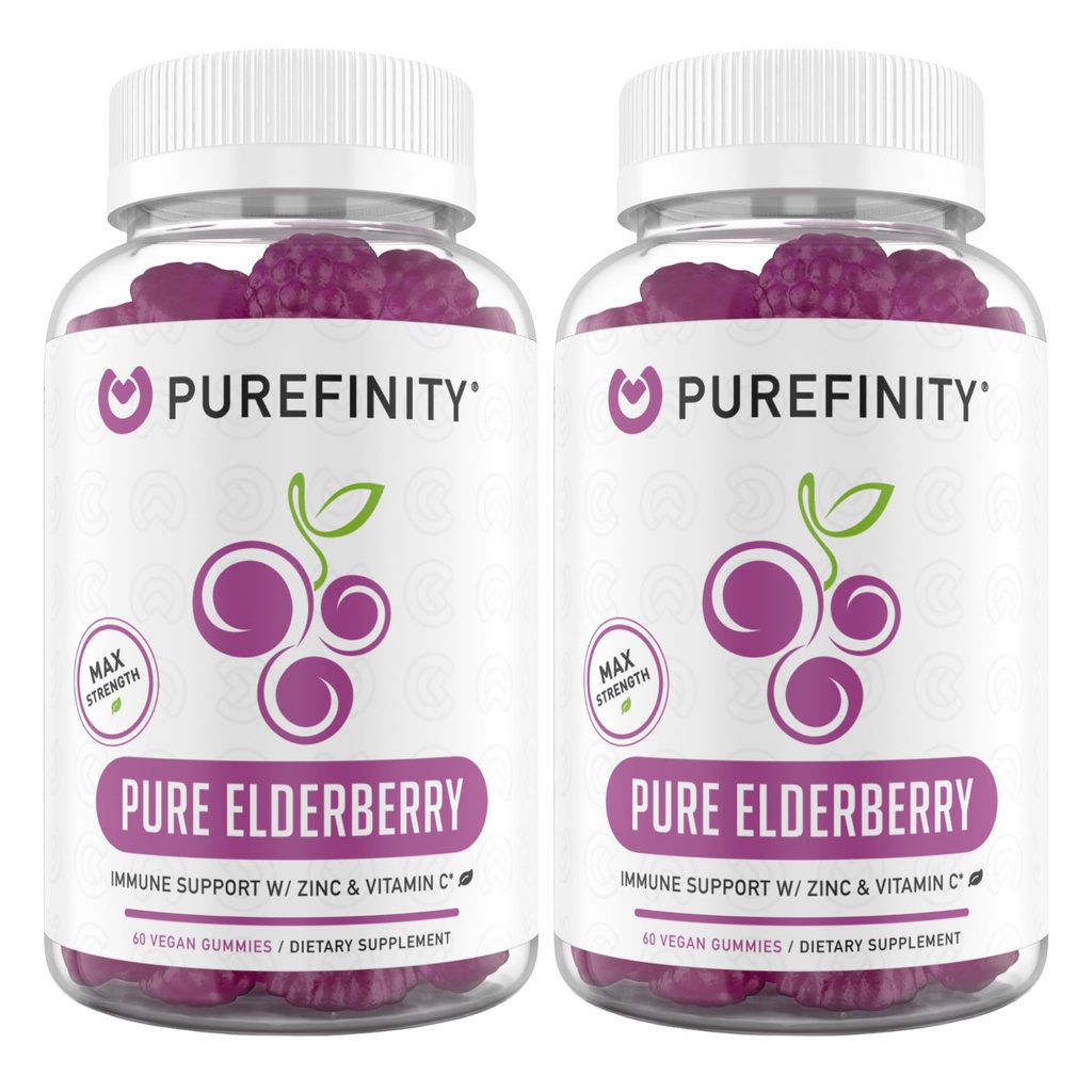 PUREFINITY Gummy Elderberry Gummies με Sambucus, βιταμίνη C, και ψευδάργυρο – Perfect Daily 3-in-1 Συμπλήρωμα για παιδιά και ενήλικες – Χωρίς γλουτένη, μη GMO, Vegan, 60 Count (Pack of 2)