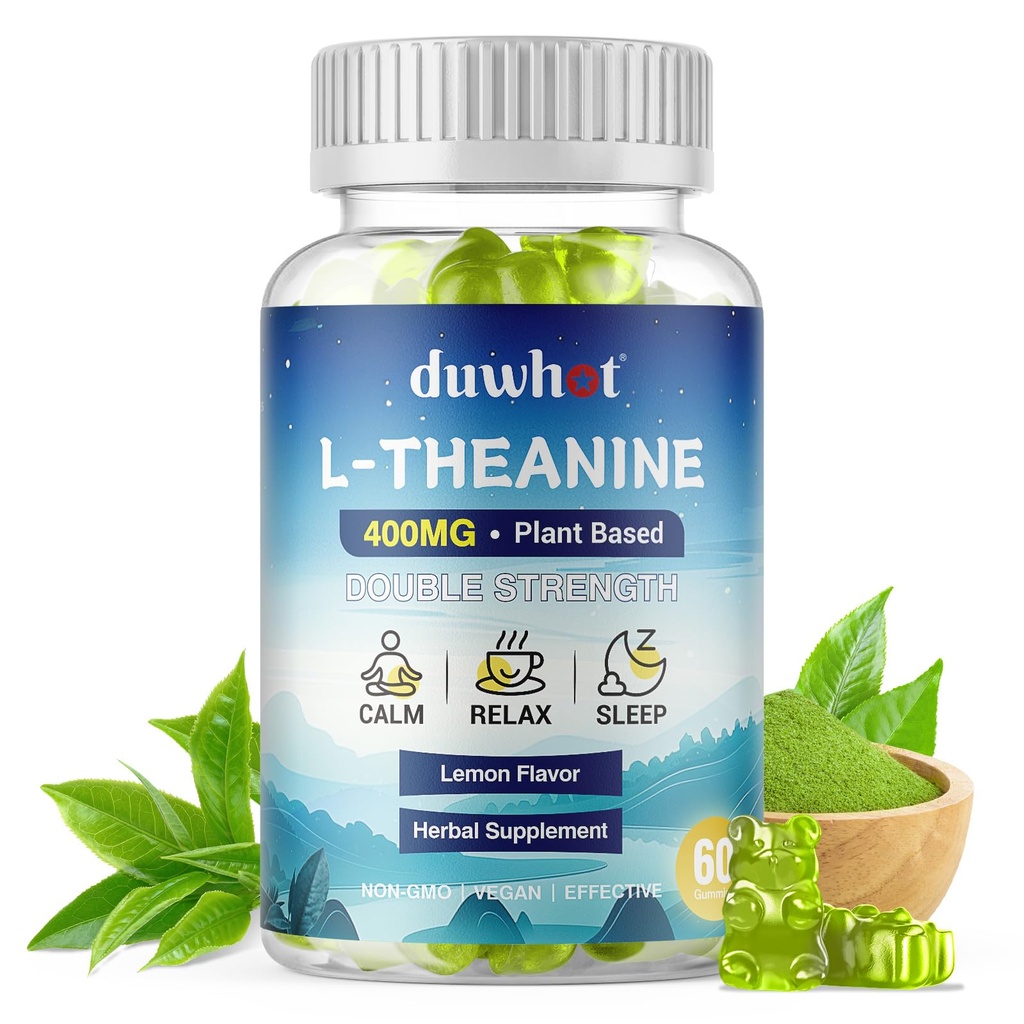 duwhot L Theanine Gummies, 200/400mg L-Theanine Supplement for Adults & Kids, Natural Stress Relief, Relaxation, Zzz & Focus Support Gummy, Organc,Vegan, Low Sugar,Non-Drowsy,Lemon Flavor,60 Chewables