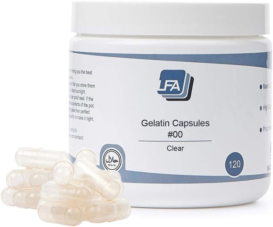 Μέγεθος 00 Κενές κάψουλες - Καθαρή ζελατίνη - 120 βάζα κόμη - ταιριάζει μηχανή καψακίων γεμίζοντας το δοχείο - συνυπάρχουσα καπάκια βοείου κρέατος Gel Easy Snap για χάπια συμπλήρωμα σκόνης DIY - Certified Halal