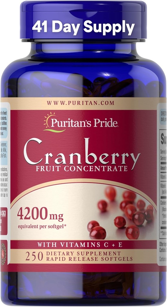 Puritan's Pride Premium Cranberry Fruit Concentrate 84 mg (4200 mg ισοδύναμο) με Βιταμίνες C και E, Συμπλήρωμα διατροφής για την υποστήριξη του ανοσοποιητικού συστήματος, 4 μήνες προσφοράς, 250 Softgels ταχείας απελευθέρωσης
