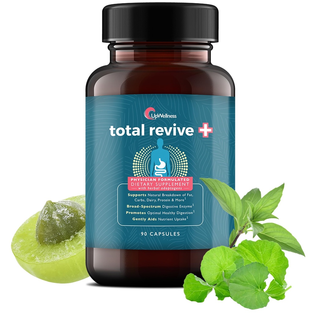 UpWellness Total Revive+ Digestive Enzymes - Ευρεία Ένζυμα Spectrum για Digestive Health - Υποστηρίζει την Υγεία και την Απορρόφηση θρεπτικών συστατικών - Γιατρός Formulated - 90 Κάψουλες