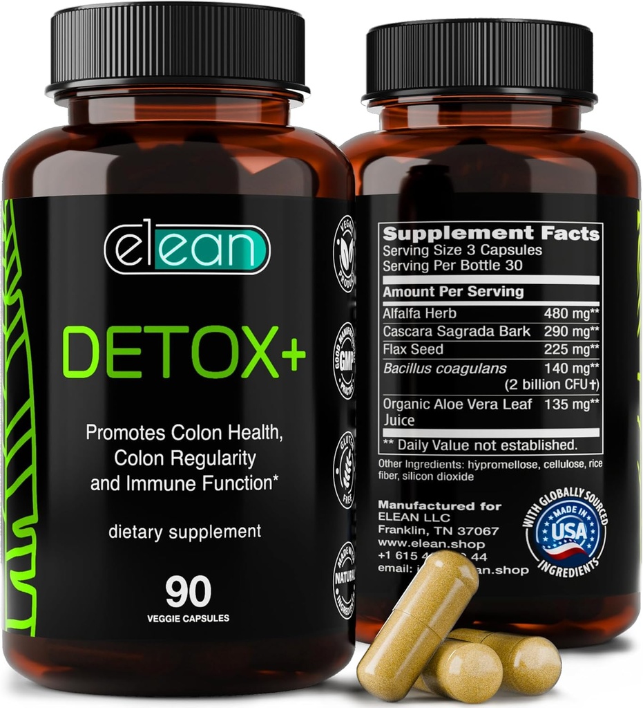 ELEAN Detox Plus Μείξη με Probiotic, Alfalfa, Σπόροι flax, Βιολογική Aloe Vera, Сascara Sagrada φλοιός για Cleanse Colon, Gut Health, Digestive Health και Total Colon Care.