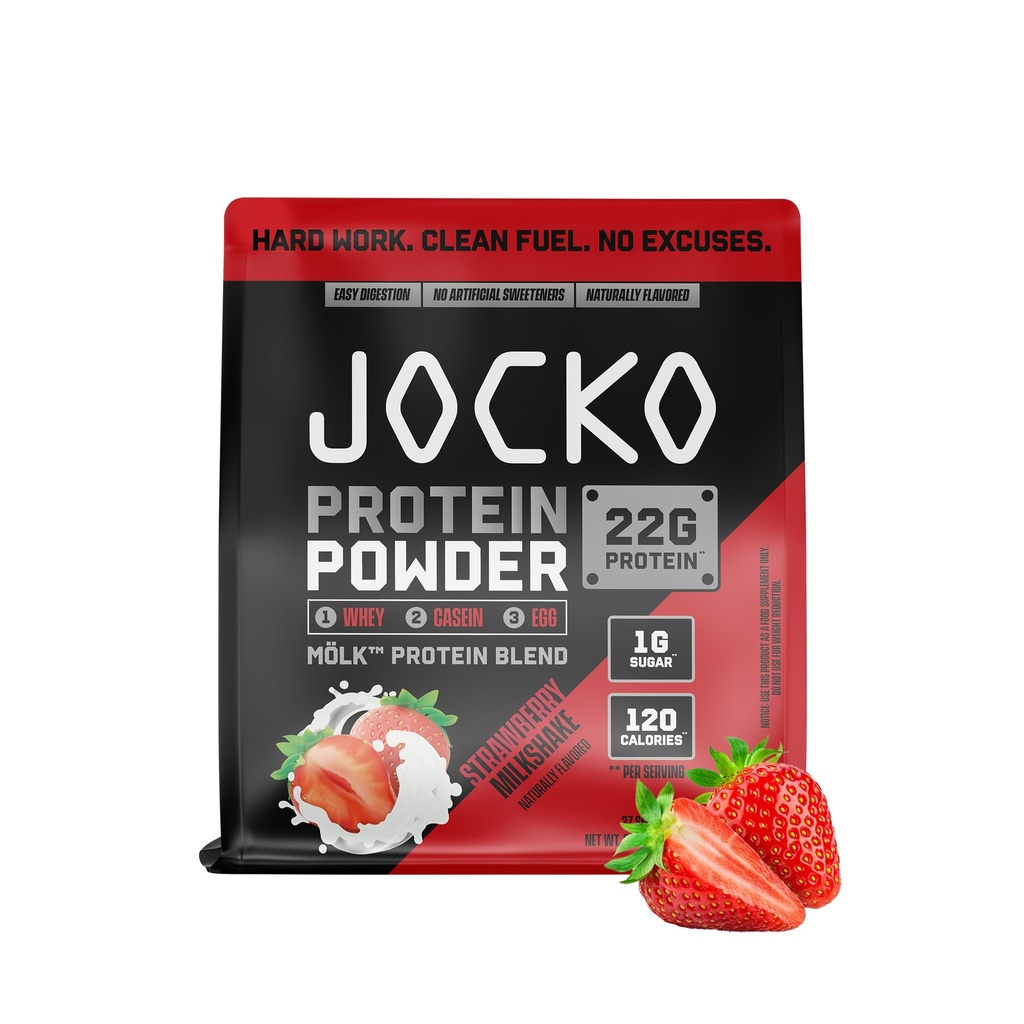 Jocko Fuel Whey Protein Powder, Strawberry Milkshake, 22g Protein, Digestive Enzymes + Probiotic Blend, No Sugar Added, with Essential Amino Acids + Electrolyte Minerals, 27 Servings