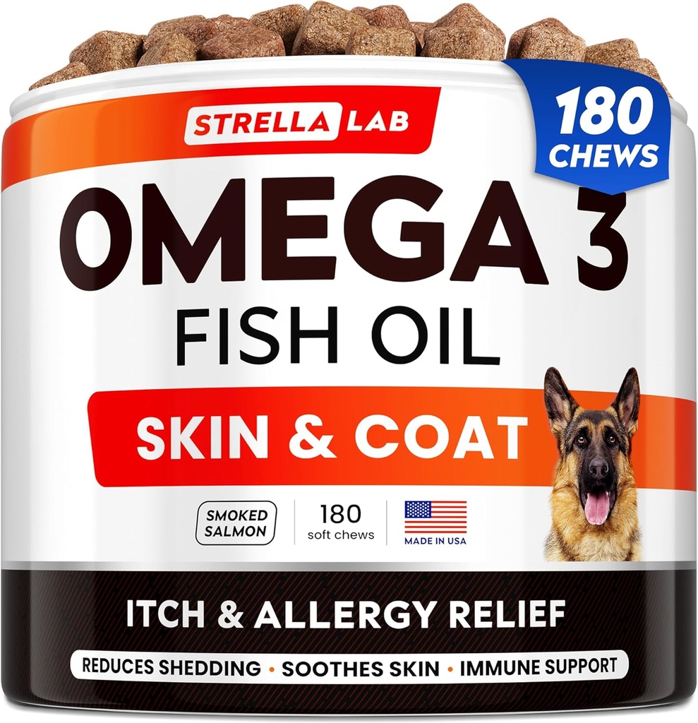 StrellaLab Omega 3 για σκύλους - (180Ct) Λάδι ψαριών Θεραπείες - Αλλεργία & Itch Relief Skin & Coat Supplement - Ξηρό Ίτσι Δέρμα, Αντι Shedding & Hot Spots Θεραπεία - Κρέας σολομού κατοικίδιου - Καπνισμένο άρωμα σολομού
