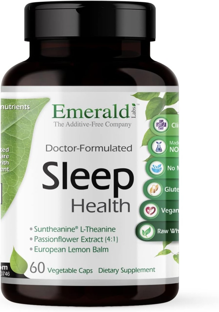 Emerald Labs Sleep Health - Sleep Support Supplement with Suntheanine L-Theanine, Melatonin, European Lemon Balm & Passionflower - Χωρίς γλουτένη, Vegan - 60 κάψουλες λαχανικών (Μέχρι 30-Ημέρες Προμήθεια)