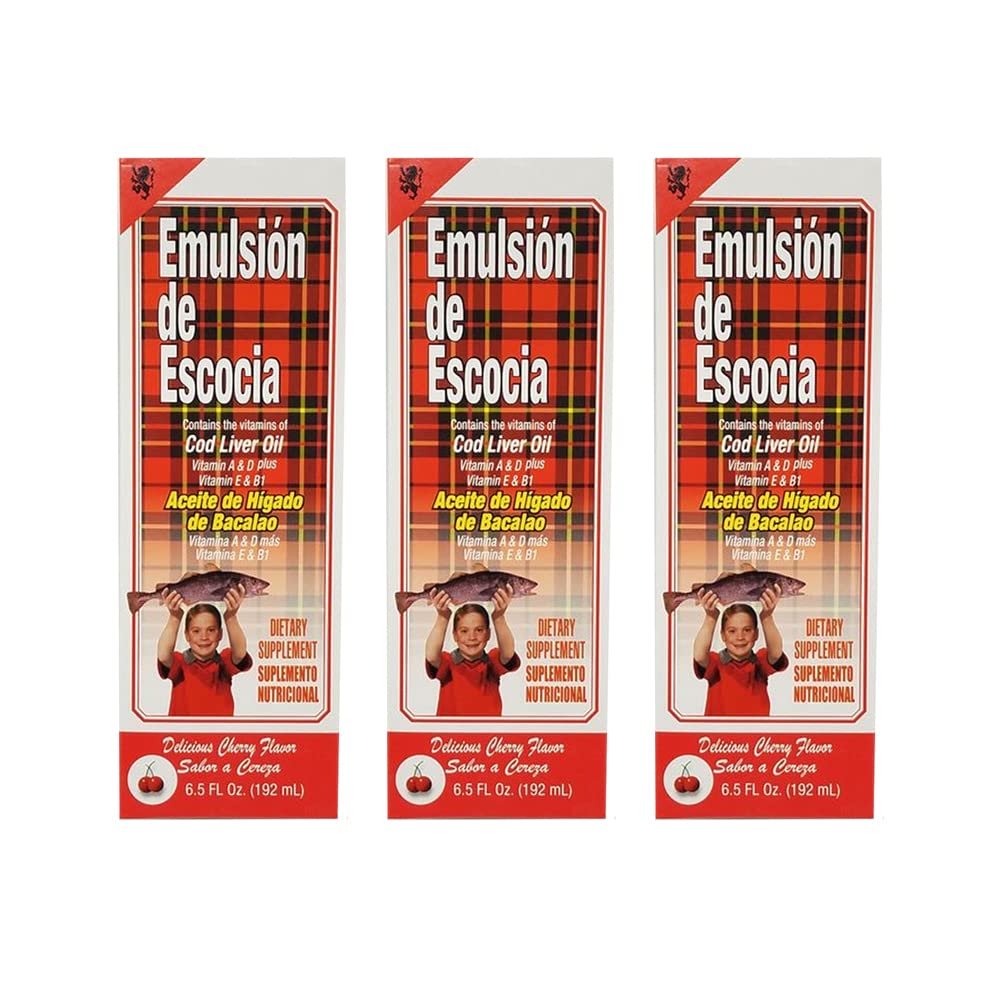 Γαλάκτωμα de Escocia Cod Liver Oil Dietary Supplement. Πλούσια σε βιταμίνες Α, Δ, Ε και Β1. Αρωματισμένο κεράσι. 6.5 Fl Oz / 192 mL. Συσκευασία των 3