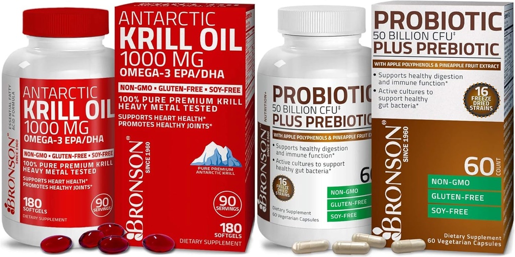 Bronson Probiotic 50 Δισεκατομμύρια CFU + Προβιοτικό με πολυφαινόλες της μήλου & ανανά Extrac ελαίου κριλ Ανταρκτικής 1000 mg με Omega-3s EPA DHA