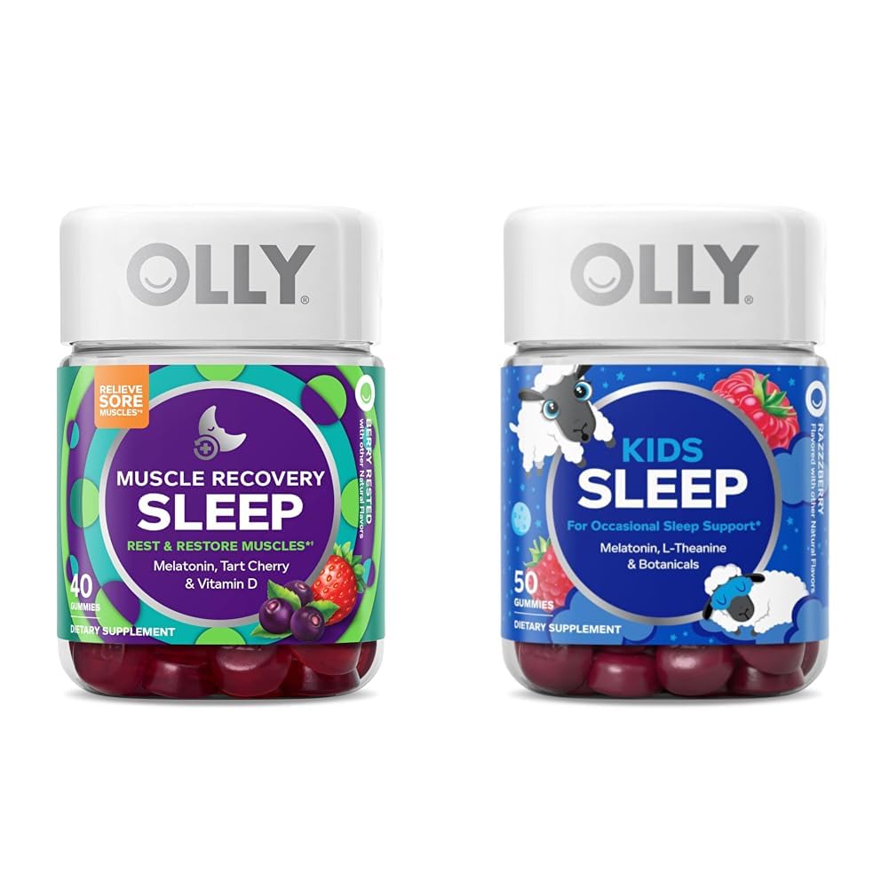 OLLY μυών αποκατάστασης ύπνου Gummies με Tart Cherry, 40 Count and Kids sleep Gummy με μελατονίνη, χαμομήλι, 50 Count