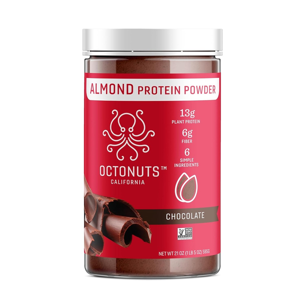 OCTONUTS Chocolate Almond Protein Powder 21oz – Plant Based Vegan Protein – Clean Low Carb Blend with 13g Protein, 6g Fiber – Keto, Paleo, Gluten Free, Non-Dairy – Ideal for Shakes, Smoothies