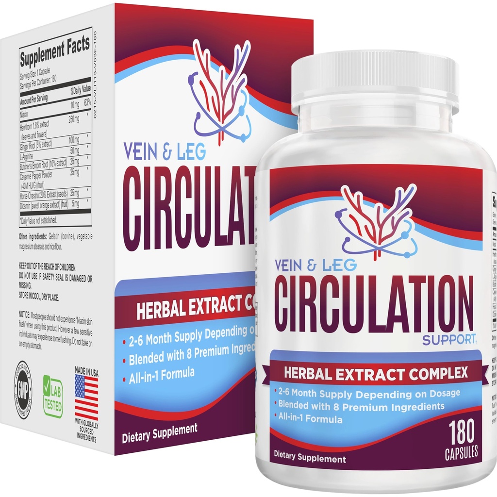 2-Month Vein & Leg Circulation Supplement | 8-in-1 Formula | Circulation Health Support Supplements | Veins & Legs | Men & Women | 180 Capsules
