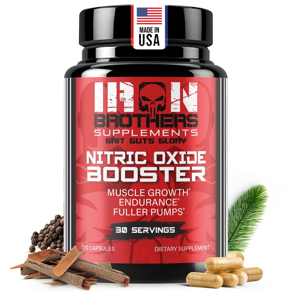 Iron Brothers Nitric Oxide Supplement - 1980mg Triple-Action Formula | Pre-Workout for Muscle Pump, Blood Flow & Endurance | L-Arginine, L-Citrulline, Pine Bark | 120 Vegan Capsules (30 Servings)