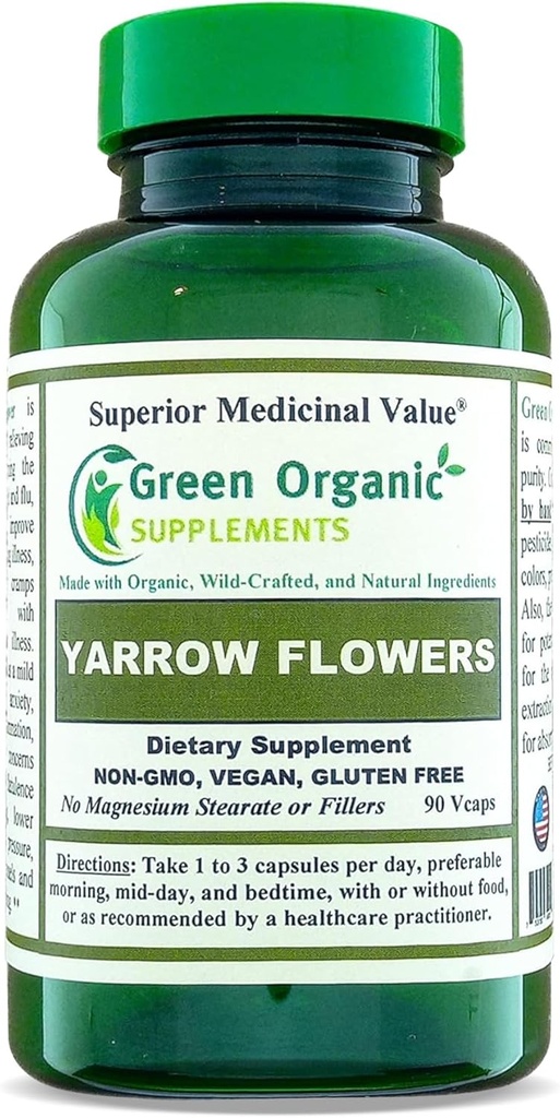 Πράσινα βιολογικά συμπληρώματα Yarrow Flower, 90 VCaps, Μη ΓΤΟ, Χωρίς γλουτένη, (πακέτο του 1)