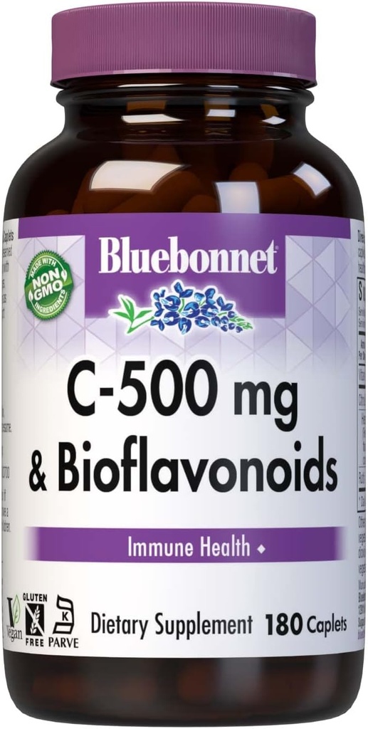 Bluebonnet Nutrition C- 500 mg Plus Bioflavonoids, Vitamin C 500 mg, Citrus Bioflavonoids 250 mg, για την Ανοσολογική Υγεία, Χωρίς Σόγια, Χωρίς Γλουτένη, Μη ΓΤΟ, Kosher, Χωρίς Γαλακτοκομικά, Vegan, 180 Caplets