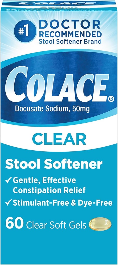 Colace Clear Stool Softener for Gentle Effective Constipation Relief, #1 Doctor Recommended Stool Softener Brand, Dye Free, 50 mg Docusate Capsules, 60 Count