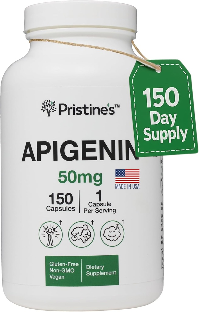 PRISTINE'S Apigenin Supplement for Sleep Capsules - 50mg 150 Day Supply - Prostate & Sleep Support Found in Chamomile Powder for Relaxation, Healthy Aging, Brain & Heart Health, & Immunity