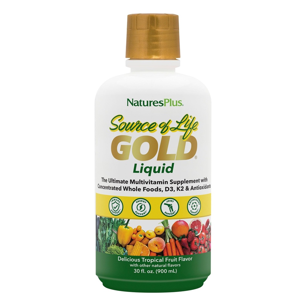 NaturesPlus Πηγή της ζωής Gold Multivitamin Liquid 30 oz Υποστηρίζει την παραγωγή ενέργειας, Υγιεινό ανοσοποιητικό σύστημα & Well-Being Περιλαμβάνει βιταμίνες D3, B12, K2 & πάνω από 120 ολόκληρα θρεπτικά συστατικά τροφίμων - 30