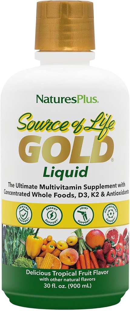 NaturesPlus Πηγή της ζωής Gold Multivitamin Liquid 30 oz Υποστηρίζει την παραγωγή ενέργειας, Υγιεινό ανοσοποιητικό σύστημα & Well-Being Περιλαμβάνει βιταμίνες D3, B12, K2 & πάνω από 120 ολόκληρα θρεπτικά συστατικά τροφίμων - 30