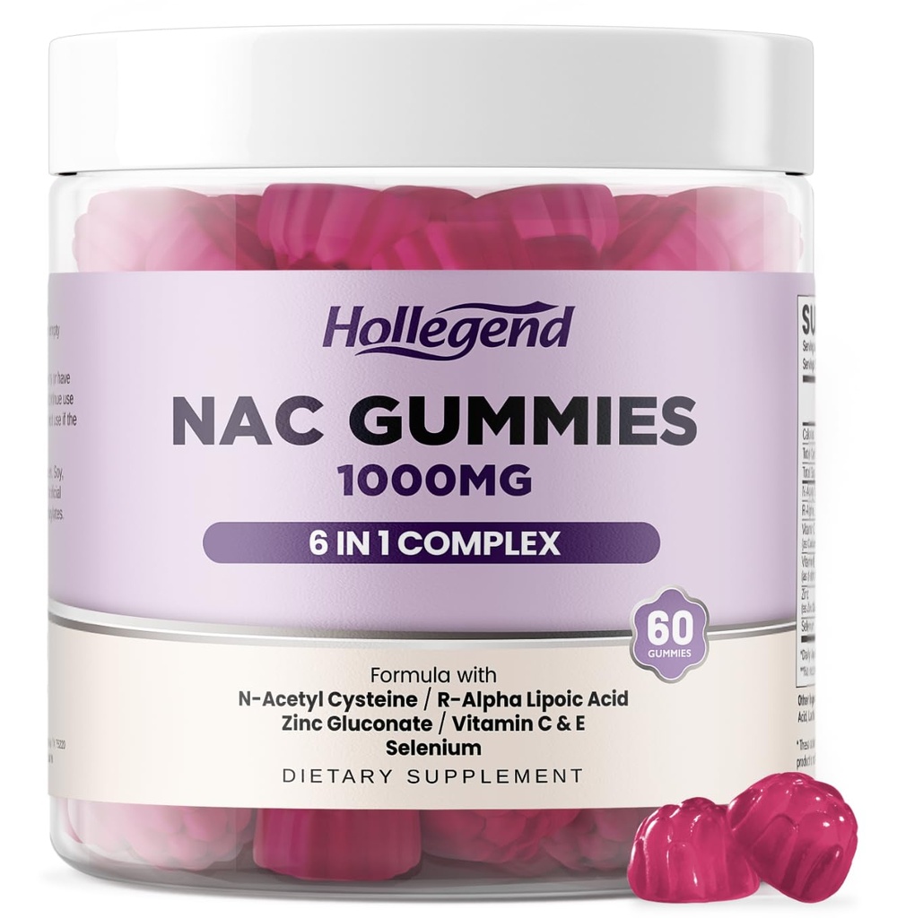 6 σε 1 NAC Gummies, Chewable N Acetyl Cysteine 1000mg συμπλήρωμα για παιδιά και ενήλικες, με ALA, ψευδάργυρο, βιταμίνη C & E, Σελήνιο, Αντιοξειδωτικό & ανοσοποιητικό σύστημα υποστήριξης, άρωμα βατόμουρο, ζάχαρη δωρεάν, 60 Ct