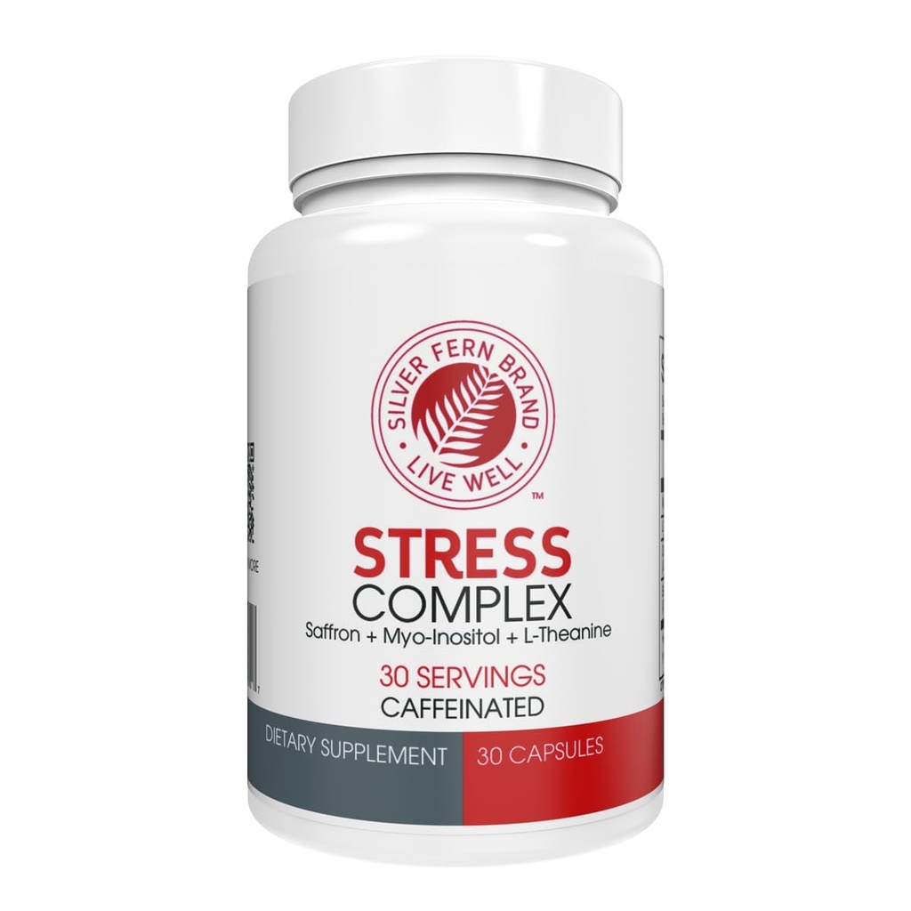 Ασημί Fern Stress Complex Supplement - με καφεΐνη - Ύπνος, ανησυχία, διάθεση και πολλά άλλα - με Saffron Συμπληρώματα, L-θεανίνη Συμπλήρωμα, και Myo-ινοσιτόλη - Natural Stress Relief Συμπληρώματα - 30 Services