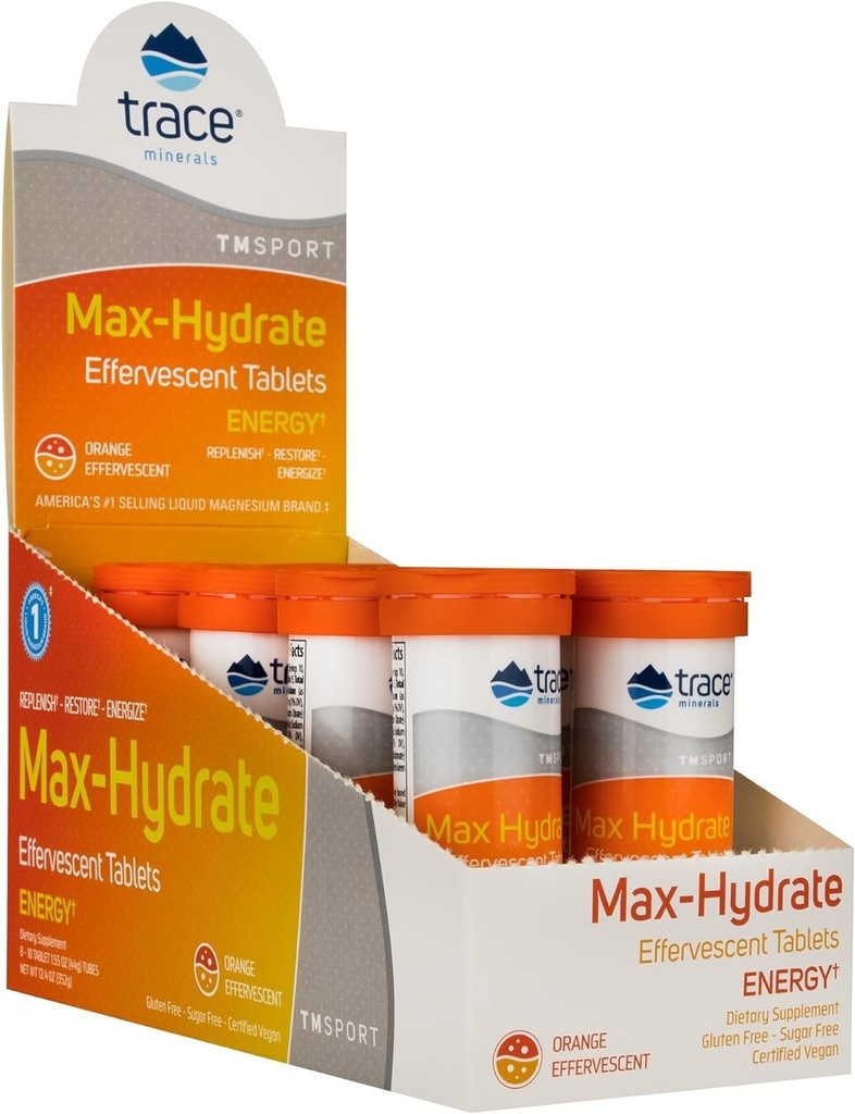Trace Minerals Max-Hydrate Endurance - Daily Energy Support Supplement - Electrolyte Supplement to Aid Against Muscle Cramps - Supplement to support Hydration - Orange, 10 Tabs (80 Servings)
